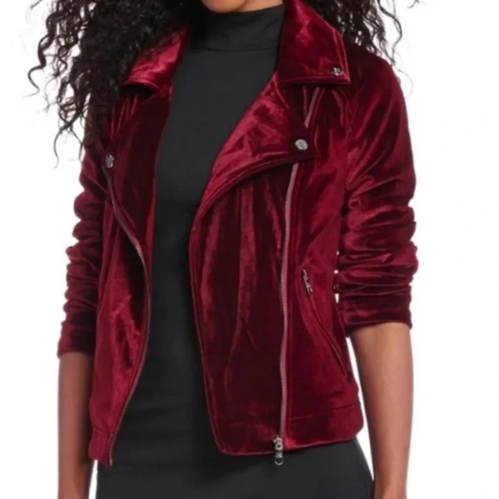 Badgley Mischka Burgundy Velvet Moto Jacket Small - Picture 1 of 12